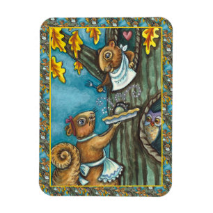 SQUIRRELS & OWL ERNTEDANK, HOMEMADE ACORN PIE MAGNET