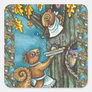 SQUIRRELS & OWL ERNTEDANK, HOMEMADE ACORN PIE QUADRATISCHER AUFKLEBER