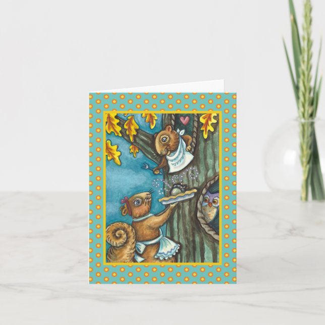 SQUIRRELS & OWL ERNTEDANK, HOMEMADE PIE Blank Karte (Vorderseite)