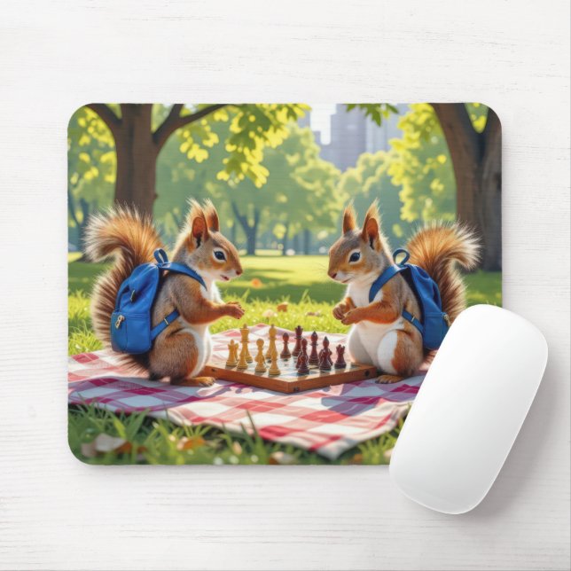 Squirrels Playing Chess In a City Park Mousepad (Mit Mouse)