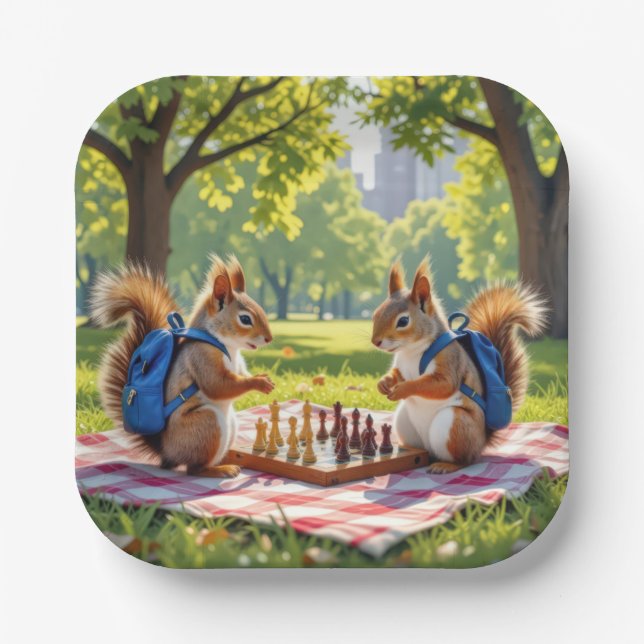 Squirrels Playing Chess In a City Park Pappteller (Vorderseite)