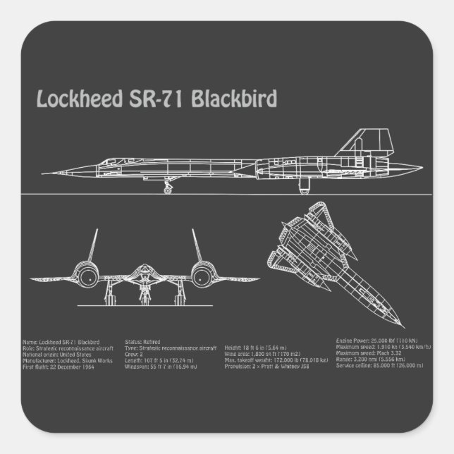 SR-71 Blackbird - Flugzeugkonzepte PD Quadratischer Aufkleber (Vorderseite)