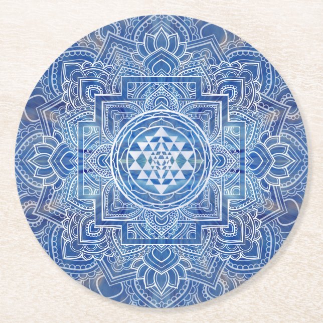 Sri Yantra / Sri Chakra Blue Watercolor Runder Pappuntersetzer (Vorderseite)