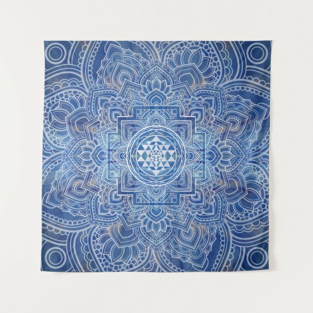 Sri Yantra / Sri Chakra Blue Watercolor Wandteppich (Vorderseite)