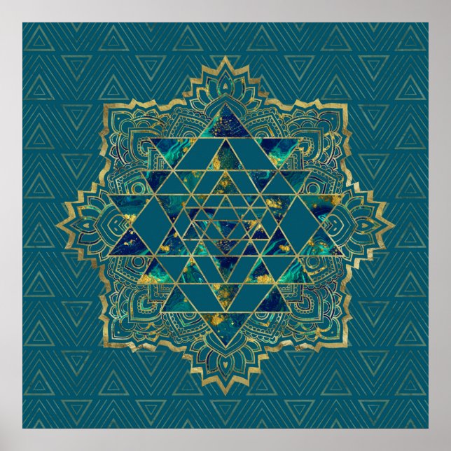 Sri Yantra / Sri Chakra Gold, Marmor und Aquamarin Poster (Vorne)