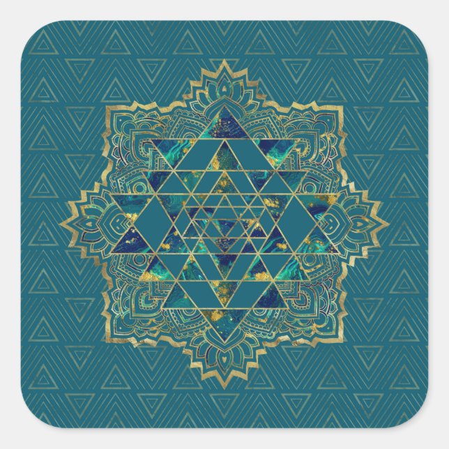 Sri Yantra / Sri Chakra Gold, Marmor und Aquamarin Quadratischer Aufkleber (Vorderseite)