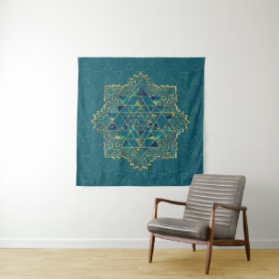 Sri Yantra/Sri Chakra Gold, Marmor- und aquamarin Wandteppich