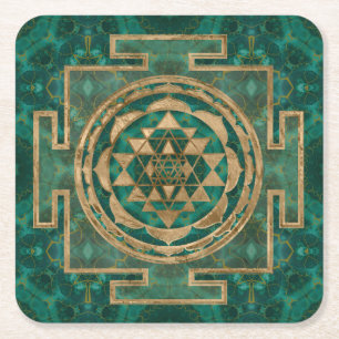 Sri Yantra/Sri Chakra Malachit und Gold Rechteckiger Pappuntersetzer