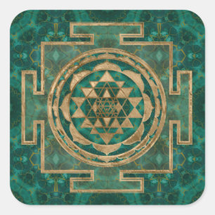Sri Yantra / Sri Chakra Malachite und Gold Quadratischer Aufkleber