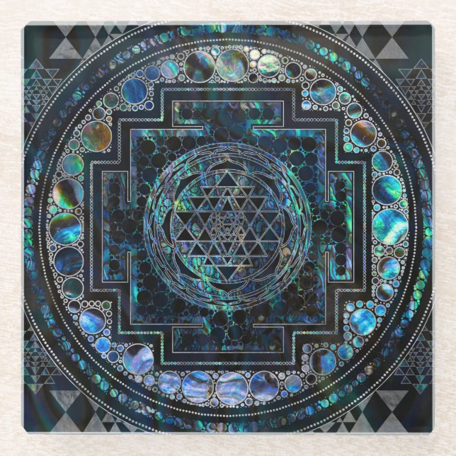 Sri Yantra/Sri Chakra Ohrschnecken-Muschel und Glasuntersetzer (Vorderseite)