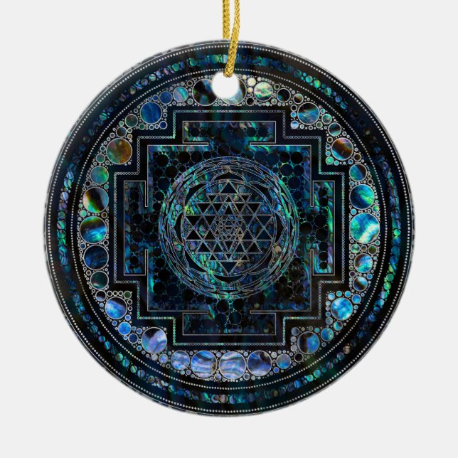 Sri Yantra/Sri Chakra Ohrschnecken-Muschel und Keramik Ornament (Vorne)