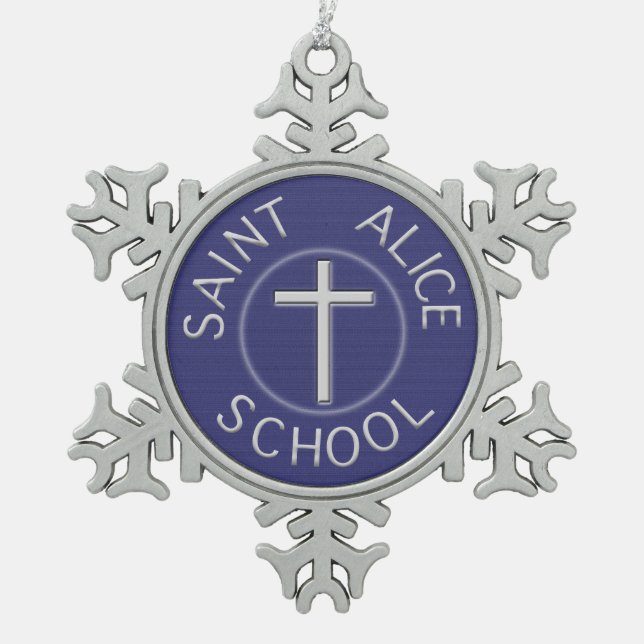 St. Alice Schule Traditionelles Blau und Weiß Schneeflocken Zinn-Ornament (Vorderseite)