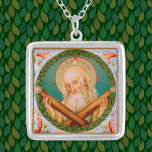 St. Andrew der Apostel (JMAS 02) Versilberte Kette<br><div class="desc">Image Credit (JMAS 02): Antiquitätenbild von St. Andrew dem Apostel aus einem verstorbenen 19. Jahrhundert in Chromolithografie mit Goldakzenten, ursprünglich von Josef Müller, Kunstverlag München, aus der privaten Sammlung religiöser Ephemeriden des Designers veröffentlicht. Das Bild ist eines von zwölf in der Apostelserie des Herausgebers (Nr. 12155). Hier unterstützt St. Andrew...</div>