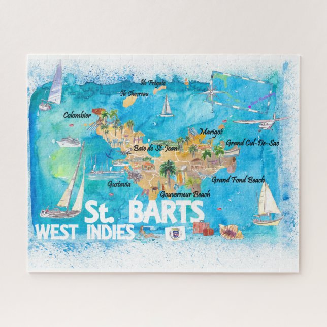 St Barts Antilles Illustrierte Karibik Karte Puzzle (Horizontal)