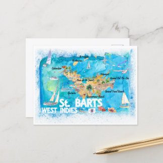 St Barts Antilles Illustrierte Karibikkarte Postkarte