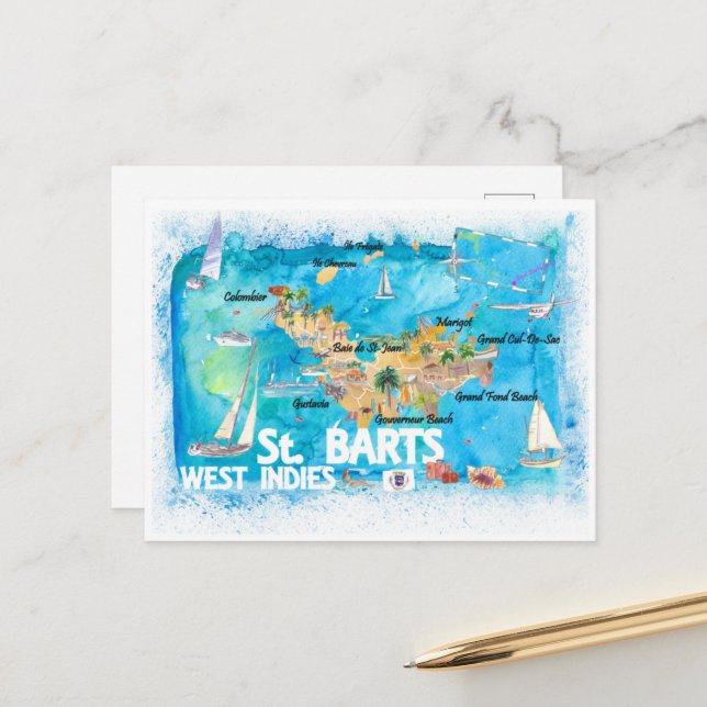 St Barts Antilles Illustrierte Karibikkarte Postkarte (Vorderseite/Rückseite Beispiel)