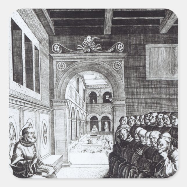 St. Benedikt Predigen im Kloster Quadratischer Aufkleber (Vorderseite)