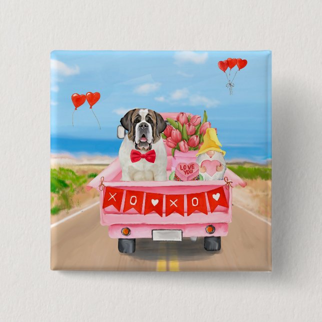 St. Bernard Dog Valentine's Day Lkw Herz Button (Vorderseite)