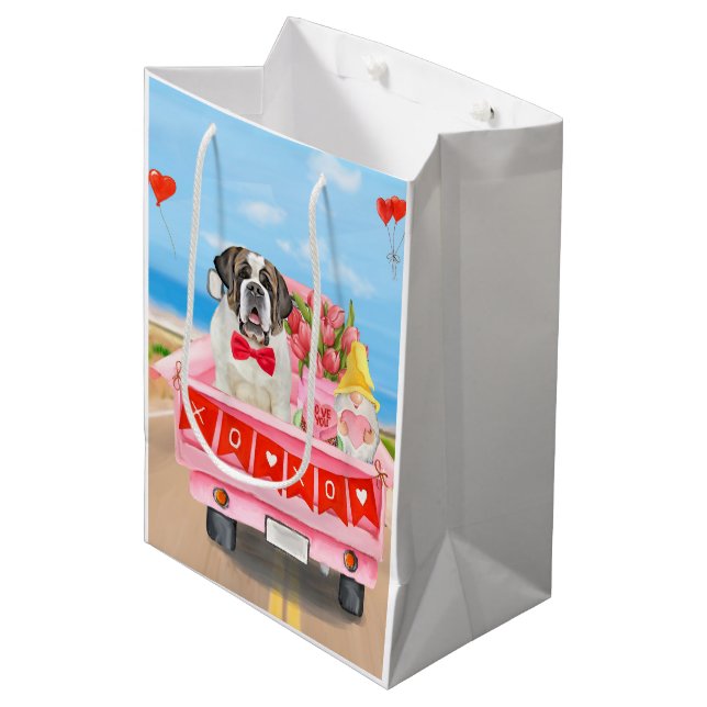 St. Bernard Dog Valentine's Day Lkw Herz Mittlere Geschenktüte (Vorderseite Schrägansicht)