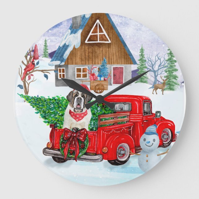 St. Bernard Hund in Weihnachten LKW Schnee Große Wanduhr (Vorderseite)