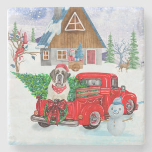 St. Bernard Hund in Weihnachten LKW Schnee Steinuntersetzer