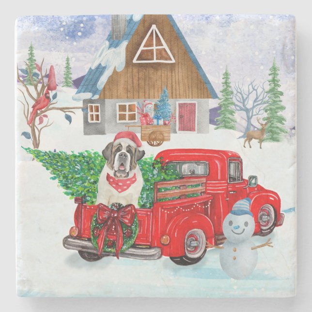St. Bernard Hund in Weihnachten LKW Schnee Steinuntersetzer (Vorderseite)