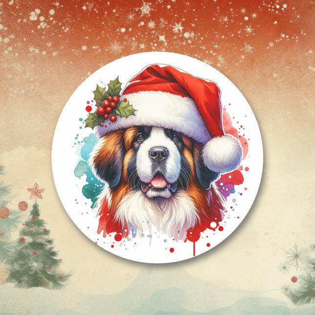 St. Bernard in Weihnachtsmannmütze Weihnachten Runder Aufkleber (Von Creator hochgeladen)
