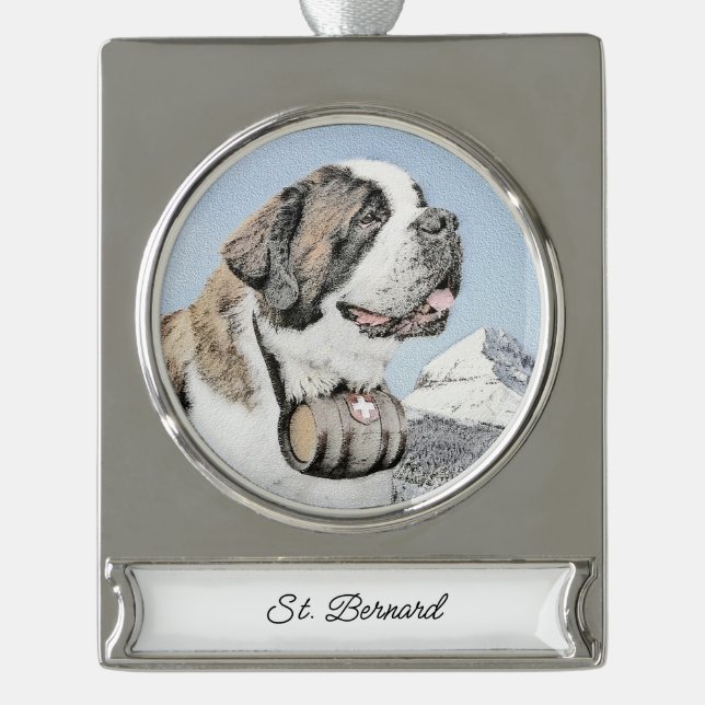 St. Bernard Malerei - Niedliche Original Hunde Kun Banner-Ornament Silber (Vorderseite)