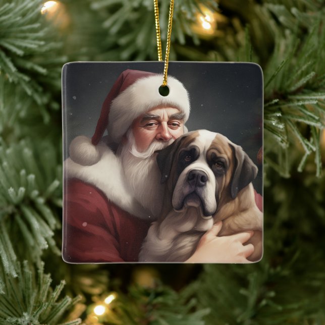 St. Bernard mit dem Weihnachtsmann Weihnachten Keramikornament (Baum)