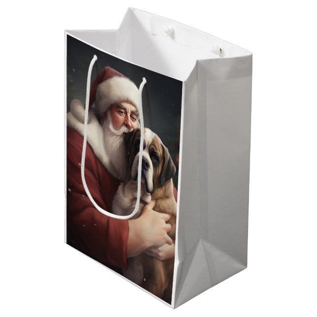 St. Bernard mit dem Weihnachtsmann Weihnachten Mittlere Geschenktüte (Vorderseite Schrägansicht)