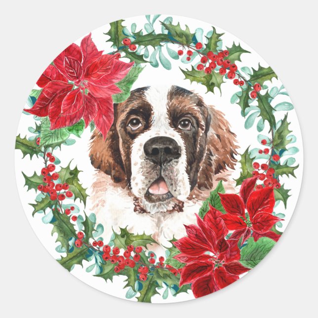 St Bernard Poinsettia Holly Christmas Wreath Runder Aufkleber (Vorderseite)