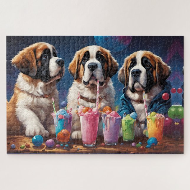 St. Bernard Puppies Party und Milchshakes Puzzle (Horizontal)