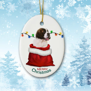 St Bernard Puppy Dog in Holiday Gift Bag Keramik Ornament