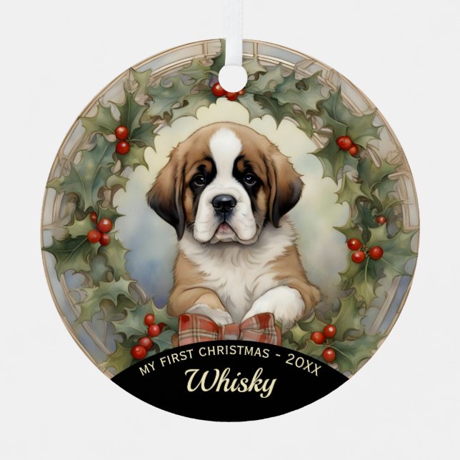 St. Bernard Welppy's First Christmas Ornament Aus Metall (Vorderseite)