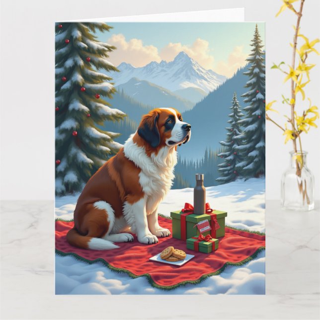 St. Bernard Winter Picnic Christmas Painting Karte (Gelbe Blume)