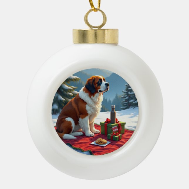 St. Bernard Winter Picnic Christmas Painting Keramik Kugel-Ornament (Vorderseite)