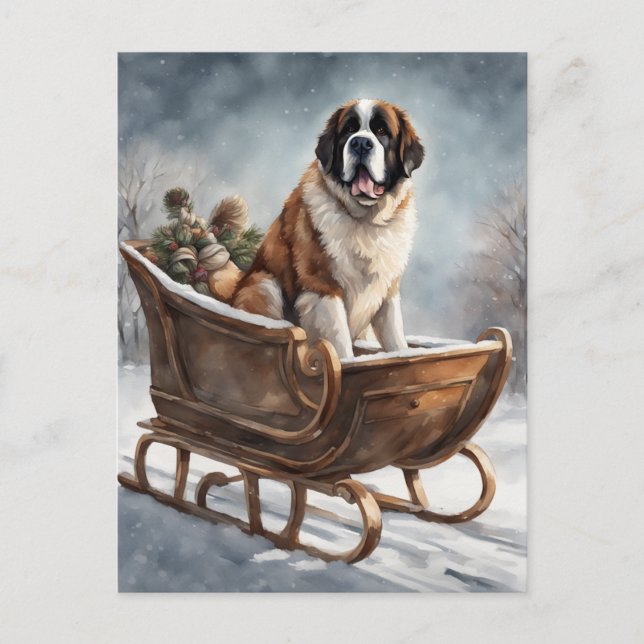St Bernard Winter Sleigh Scene Postkarte (Vorderseite)