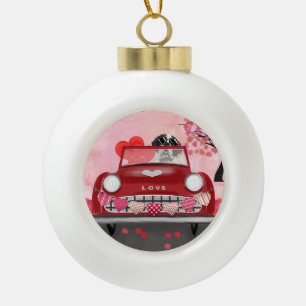 St. Bernhard Hund Auto mit Herzen Valentinstag  Keramik Kugel-Ornament