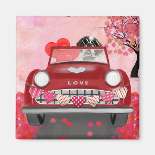 St. Bernhard Hund Auto mit Herzen Valentinstag  Magnet