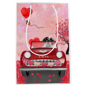 St. Bernhard Hund Auto mit Herzen Valentinstag  Mittlere Geschenktüte
