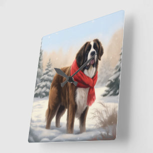 St. Bernhard Hund im Schnee Weihnachten Quadratische Wanduhr