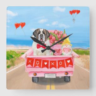 St. Bernhard Hund Valentinstag Truck Herzen Quadratische Wanduhr