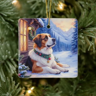 St. Bernhard Schneebedeckte Berghütte Weihnachtshu Keramikornament