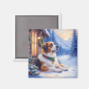 St. Bernhard Schneeburg Lodge Weihnachtshund Magnet