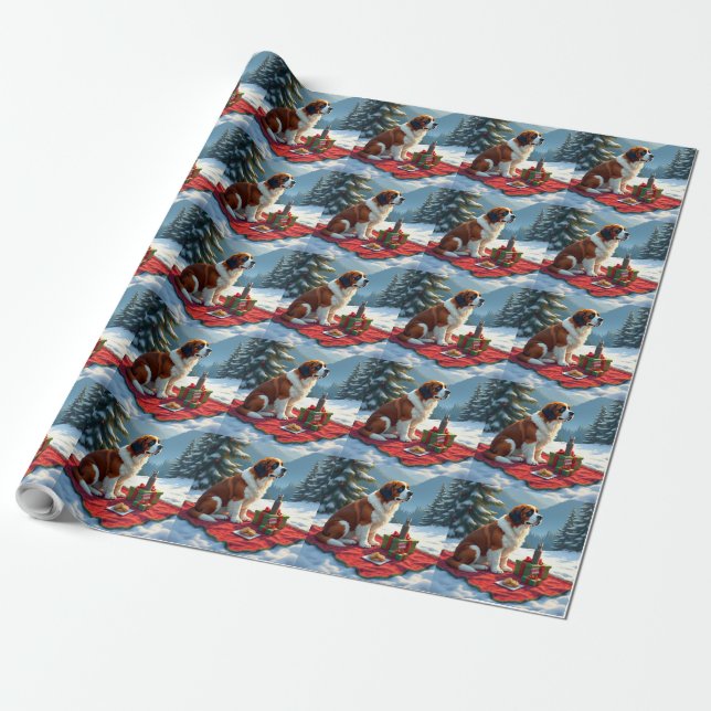 St. Bernhard Winter-Picknick-Weihnachtsbild Geschenkpapier (Ungerollt)