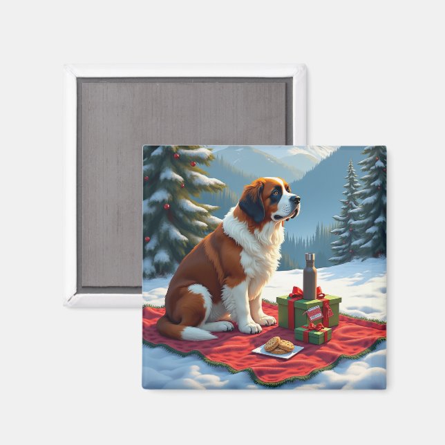 St. Bernhard Winter-Picknick-Weihnachtsbild Magnet (Vorderseite/Rückseite)