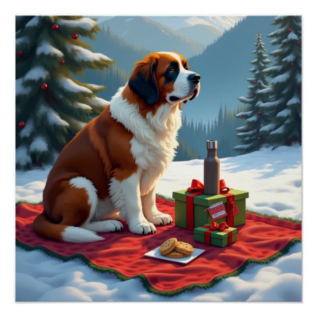 St. Bernhard Winter-Picknick Weihnachtsmalerei Poster (Vorderseite)