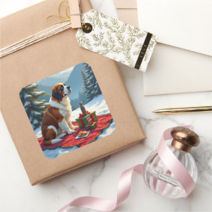 St. Bernhard Winter-Picknick Weihnachtsmalerei Quadratischer Aufkleber