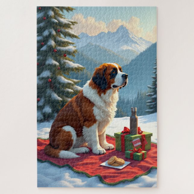 St. Bernhard Winterpicknick Weihnachtsmalerei Puzzle (Vertikal)