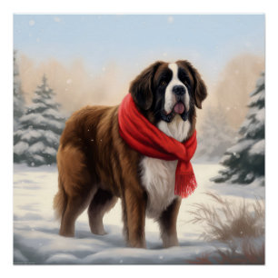 St. Bernhardshund im Schnee Weihnachten Poster